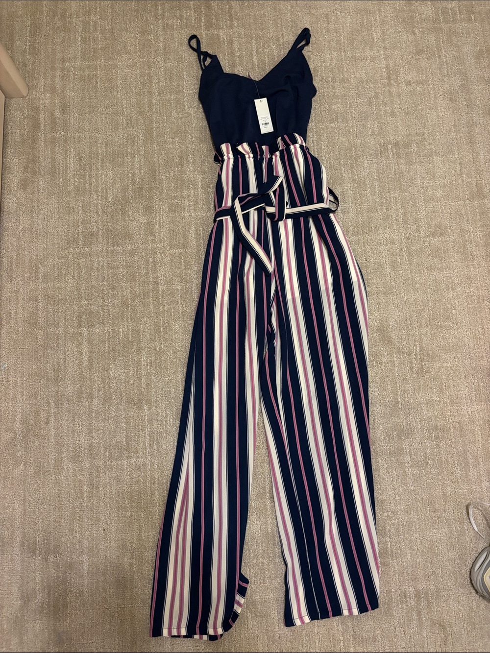 Navy Camisole Jumpsuit with Striped Wide-Leg Pants
